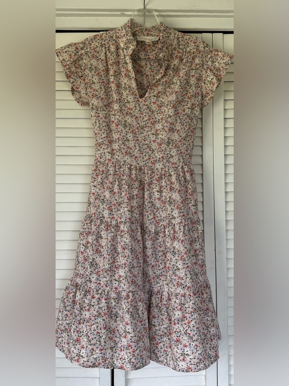 Monteau Cream Floral Tiered Midi Dress with Pink & Green Accents